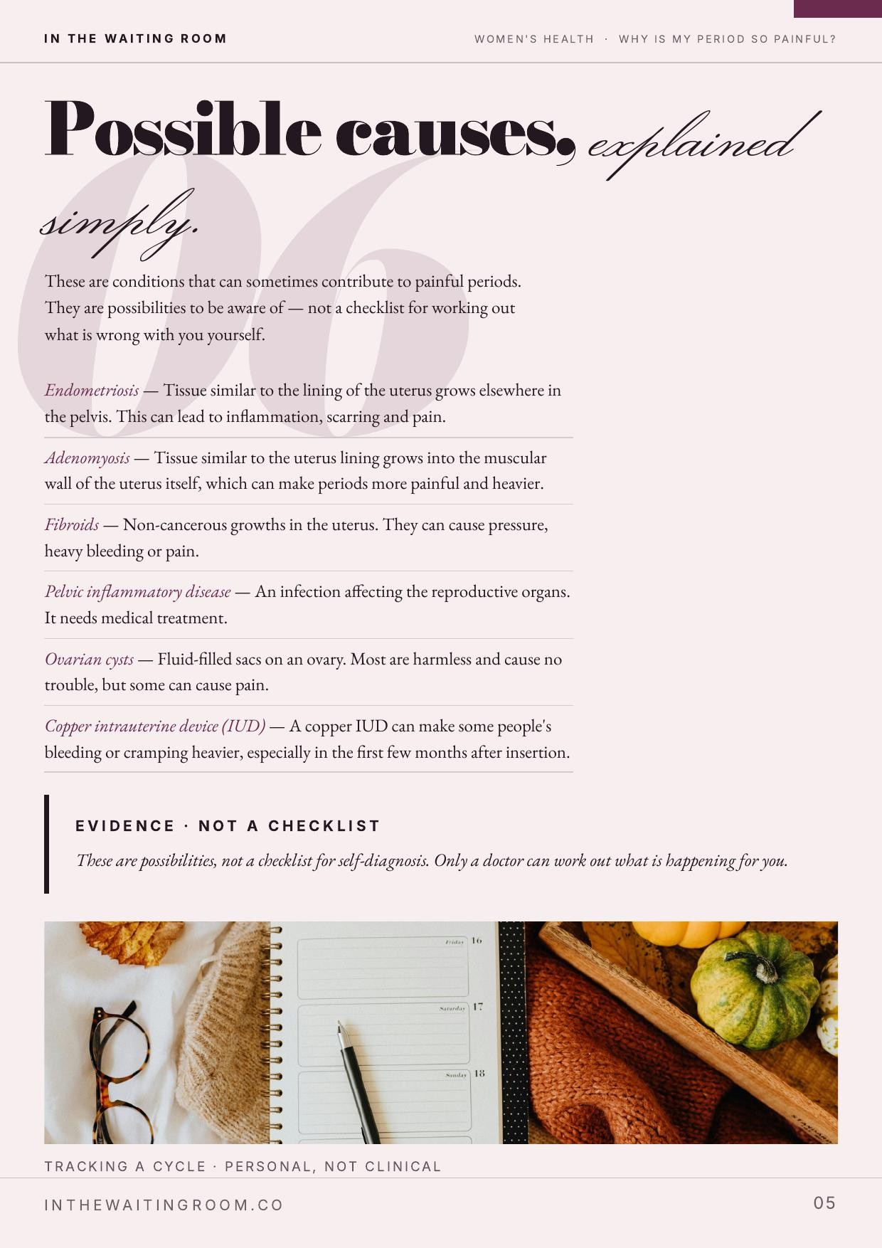 Interior page from the In The Waiting Room feature “Why Is My Period So Painful?” listing possible causes explained simply